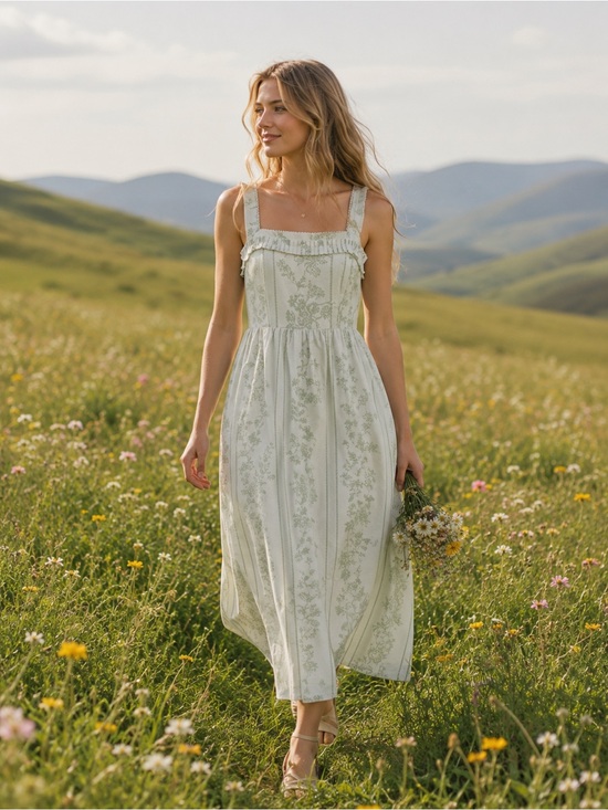 Caroline Constas Dresses & Skirts - Caroline Constas Sage Green Floral Cottagecore Midi Dress Romantic Prairie Summe